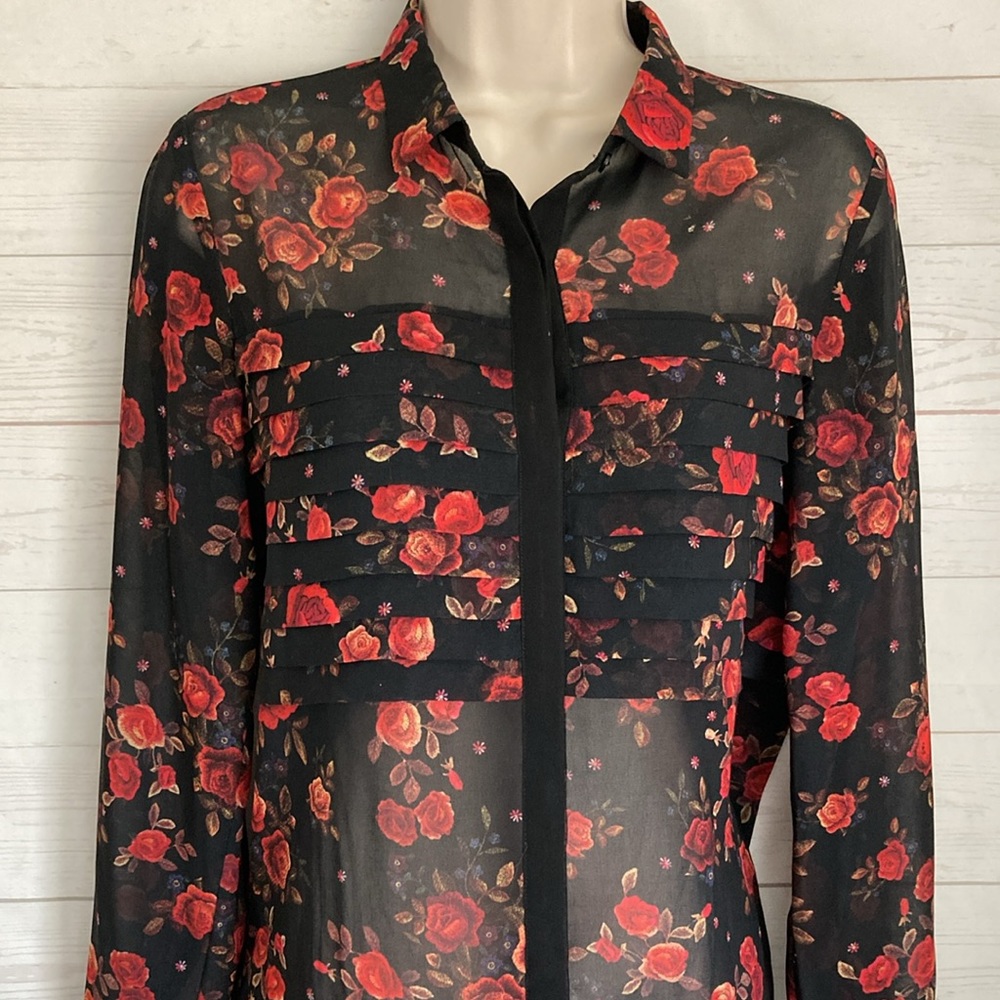 The Kooples Size XXS Romantic Floral Print Black Sheer button front Blouse - Picture 4 of 9